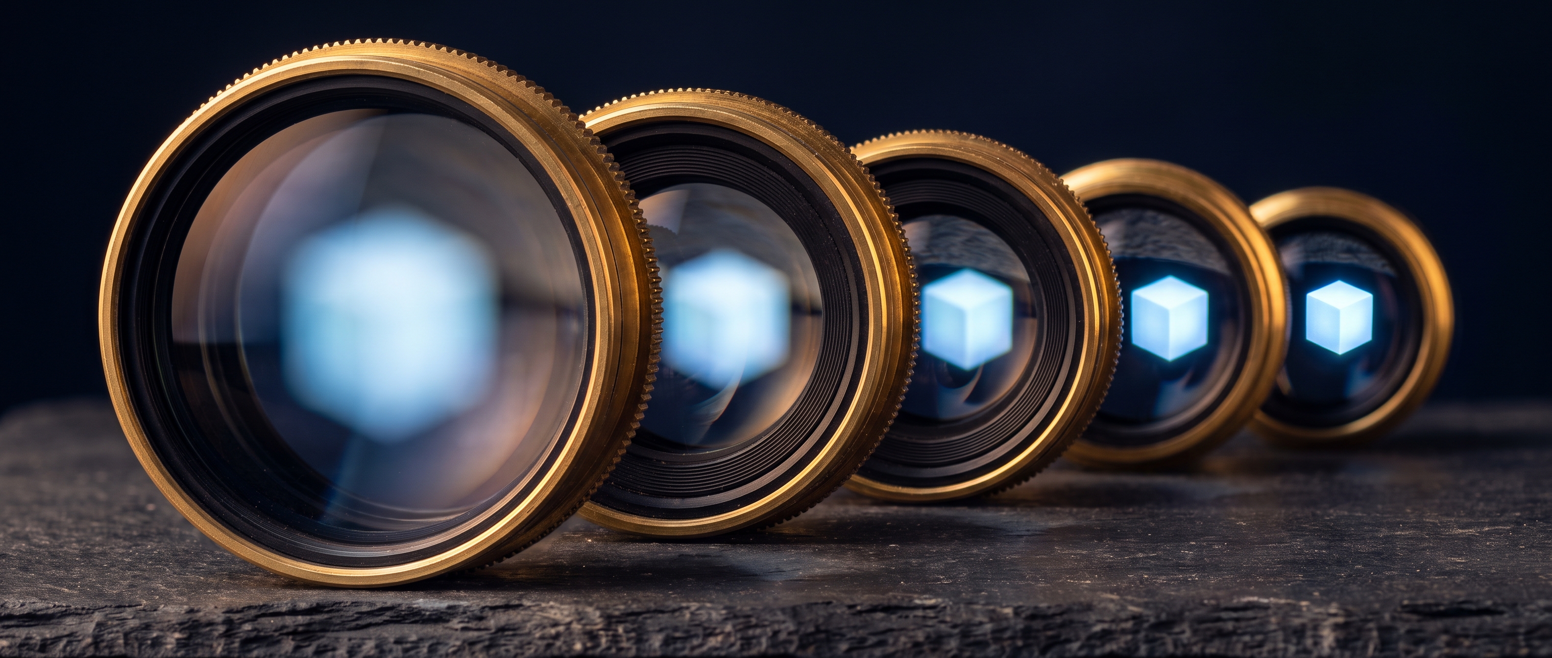Five brass-mounted lenses standing in a row on dark slate, with a glowing cube blurred through the nearest lens and coming into sharp focus through the farthest, echoing the five questions that bring an AI security purchase into focus.