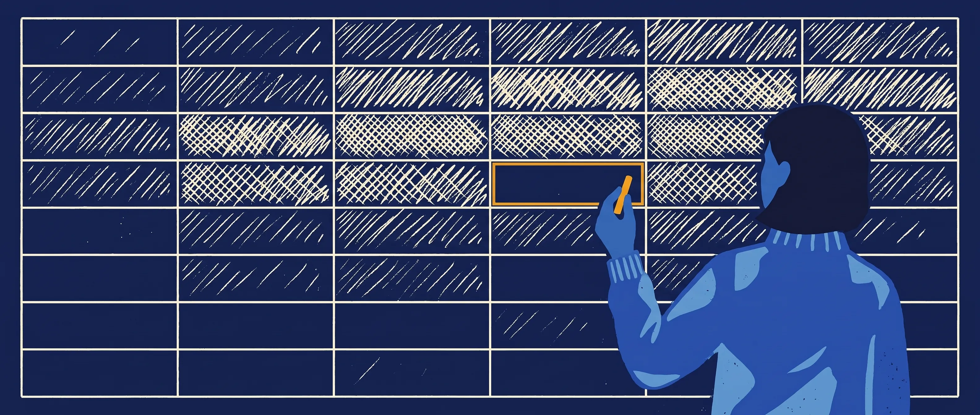 Seen from behind, a person holds orange chalk beside an empty cell in a grid drawn on a chalkboard.