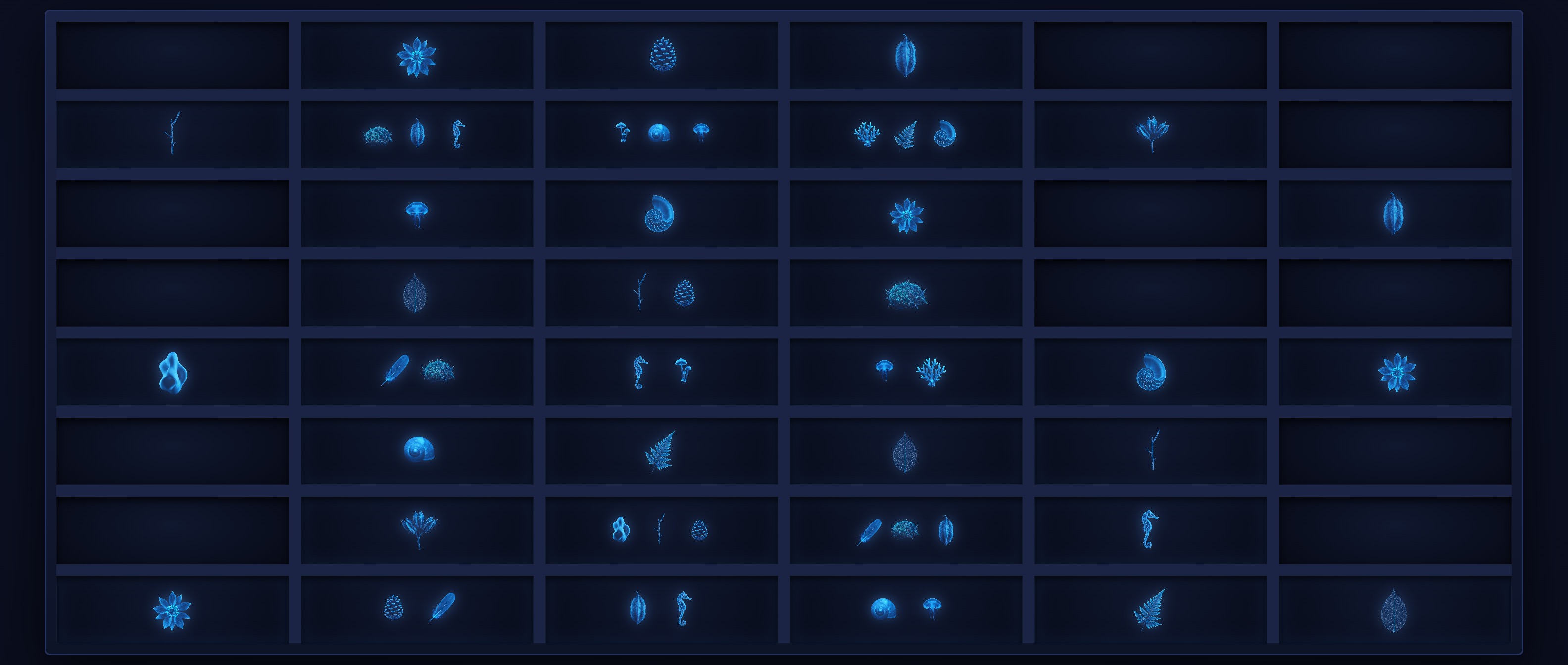 A dark museum cabinet of glowing blue specimens in a six-by-eight grid, the middle columns densely stocked and the outer columns nearly bare, echoing where products cluster on the AI Defense Matrix.
