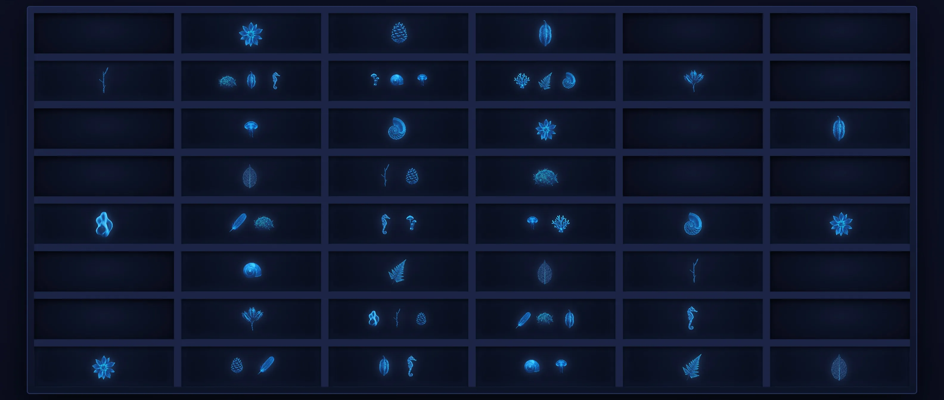 A dark museum cabinet of glowing blue specimens in a six-by-eight grid, the middle columns densely stocked and the outer columns nearly bare, echoing where products cluster on the AI Defense Matrix.