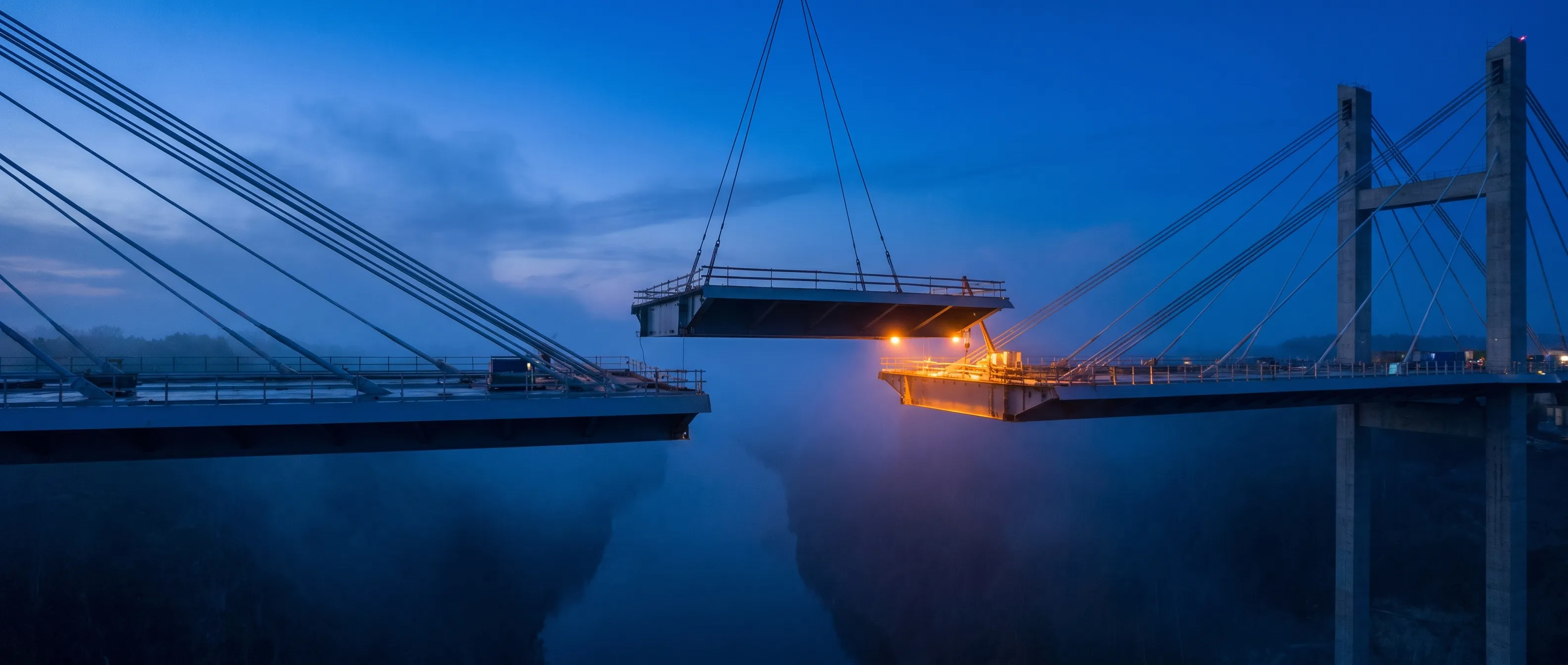 A modern cable-stayed bridge at dusk with its two cantilever halves reaching across a misty chasm as the final deck segment is lowered by crane into the gap to connect them into one span.
