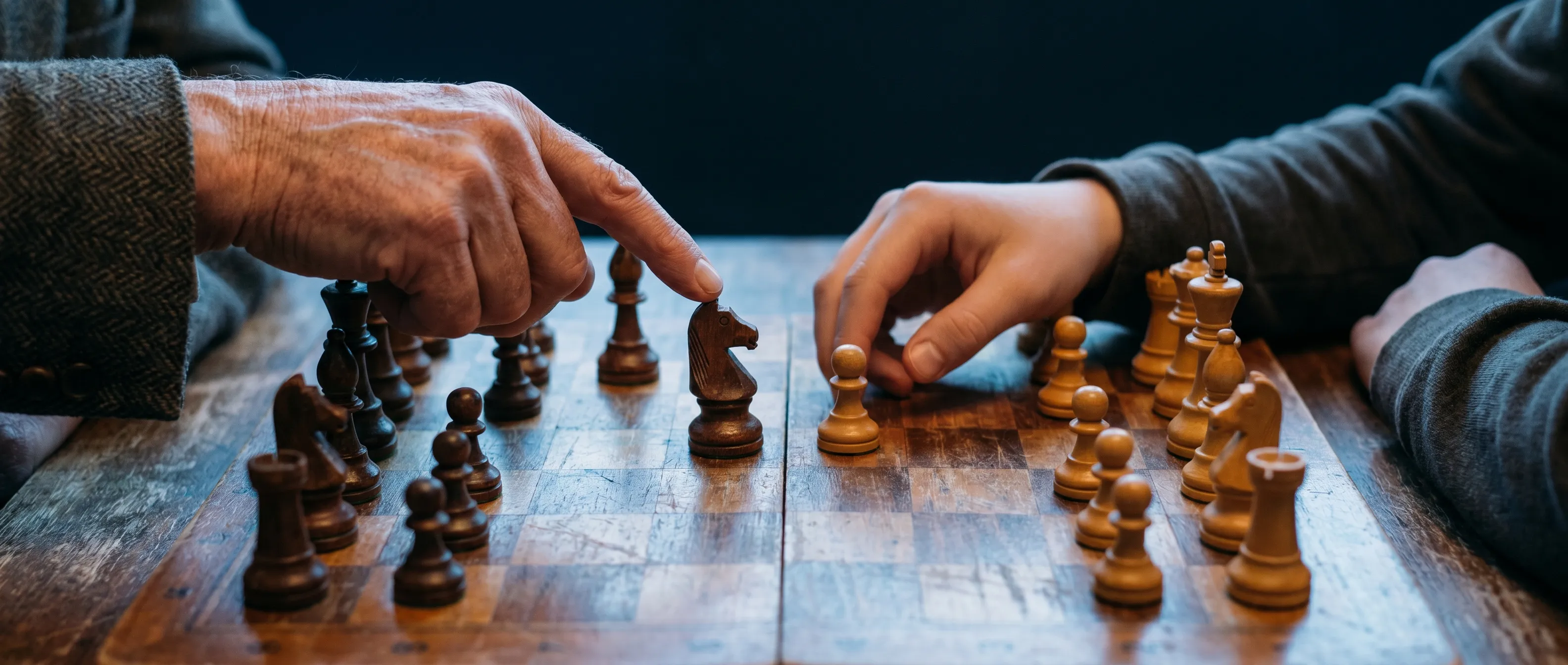 An experienced hand points at a chess piece to coach a younger player mid-game.