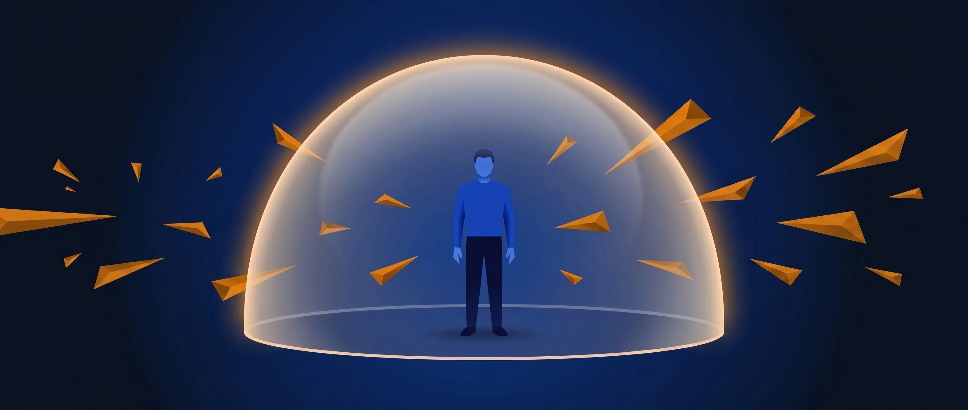 A lone figure stands calmly inside a glowing translucent dome while sharp shards pass straight through it, conveying a false sense of personal invulnerability.