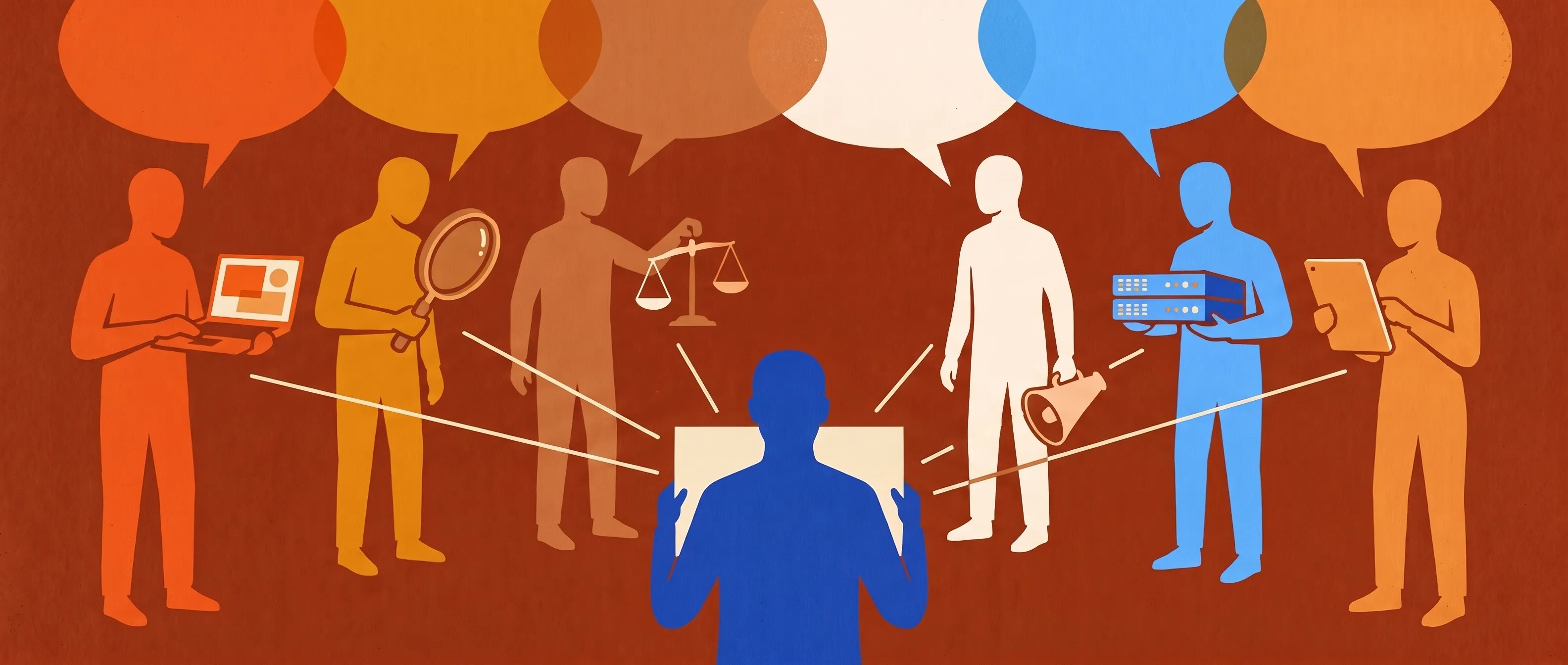 Six silhouetted figures in warm colors hold a laptop, a magnifying glass, a balance scale, a megaphone, a server, and a tablet, with empty speech bubbles overlapping above them. In the center, a blue figure seen from behind holds a notebook, with thin lines between it and each of the six.