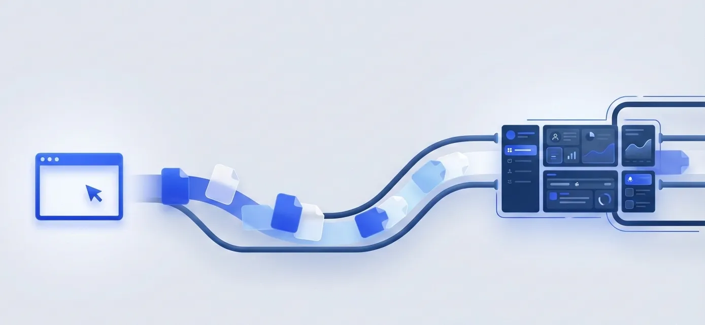 Abstract illustration of content flowing from a website to AI interfaces