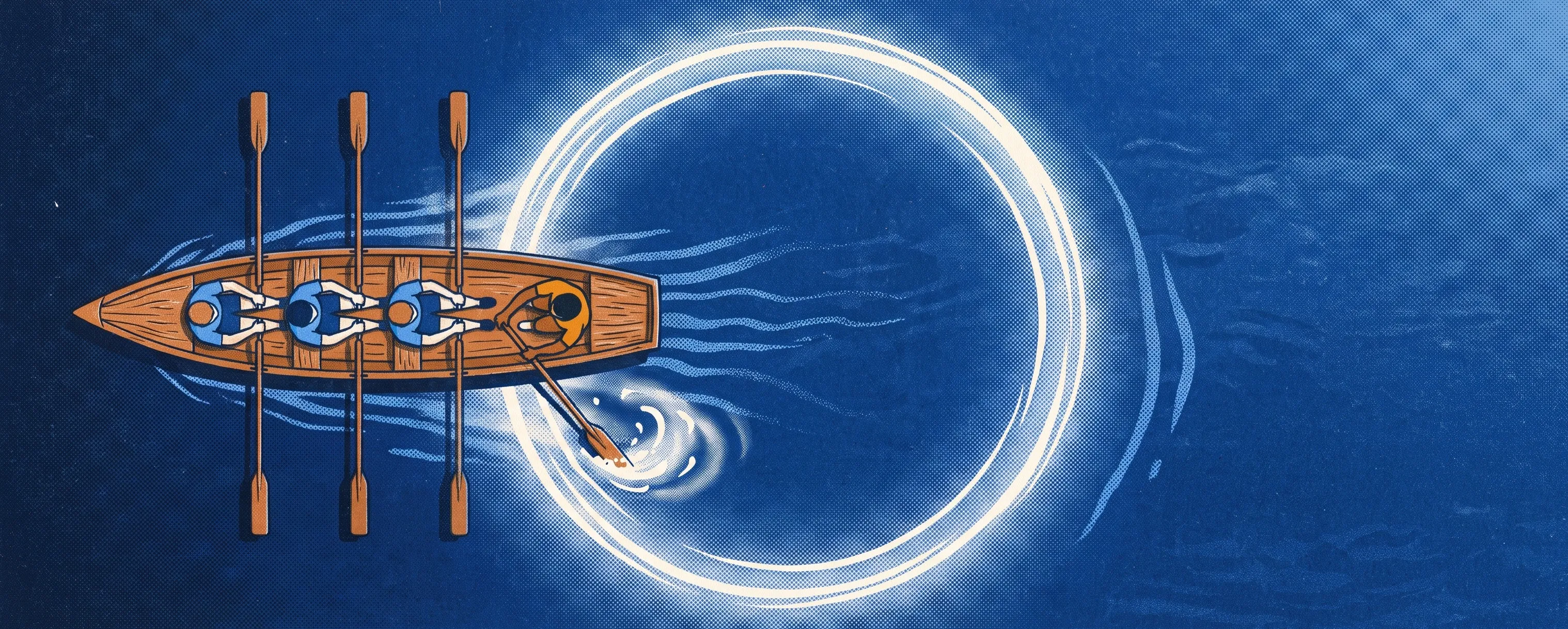 Top-down view of a four-seat rowboat on dark blue water. Three rowers rest with their oars held out flat, while one rower pulls a single oar, so the boat leaves a circular wake.