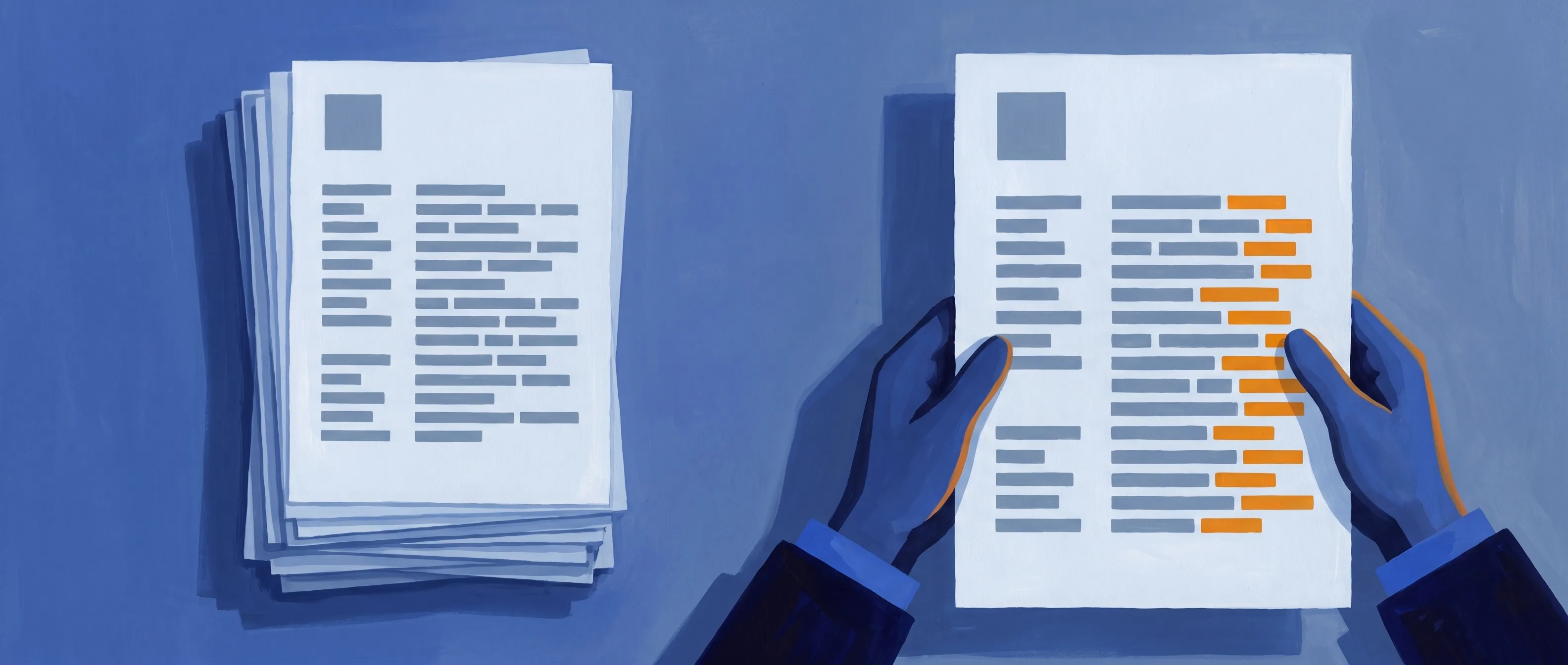 Seen from above, two hands hold up a resume page whose lines each end in an amber bar, beside a stack of identical pages with plain gray lines.