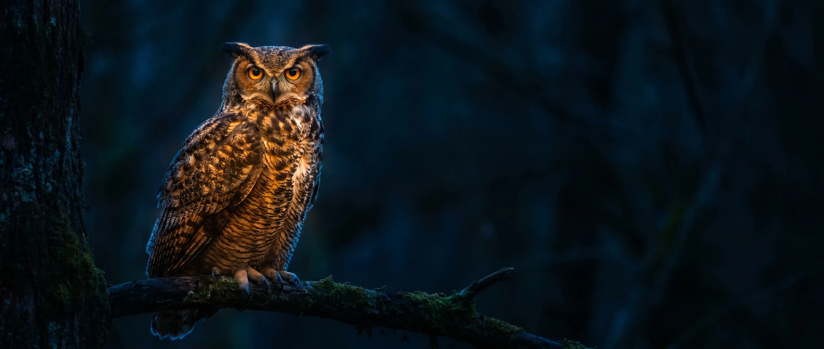 A great horned owl perched in a dark forest at night, lit warm against deep blue, its focused amber eyes fixed on the viewer.